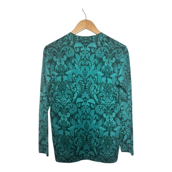 Talbots Merino Wool Cardigan Women M Blue Green Fleur de Lis Sweater Floral Top - Picture 2 of 5